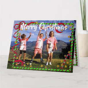Tarjeta Foto de familia Feliz Navidad Lazos Verdes Rojos M
