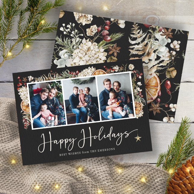 Tarjeta Foto de feriado feliz botánico (Elegant Black Boho Rustic Botanical Christmas 3 Photos Holiday Card by Painted Paperie)