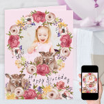Tarjeta Foto de Floral Wreath Woodland Deer Pink Birthday<br><div class="desc">Tarjeta de cumpleaños de bonito para una niña especial con sus mensajes de foto y personalizado dentro. El diseño presenta una corona floral de bonito y un borde a juego con rosas en flor, flores delicadas y ciervos de bosque. Dentro de la muestra, la redacción es totalmente editable y actualmente...</div>