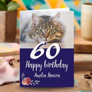 Tarjeta Foto de Gato con Rosa Acuarela Roja Cumpleaños 60 