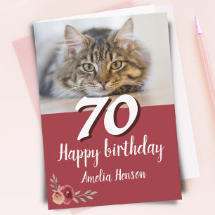 Tarjeta Foto de gato con rosa acuarela roja para 70 cumple