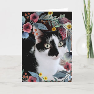 Tarjeta Foto de gato de tuxedo blanco negro con flores