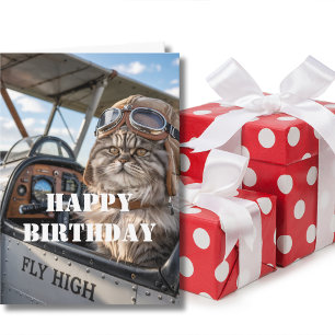 Tarjeta Foto de gato piloto de cumpleaños y avión divertid