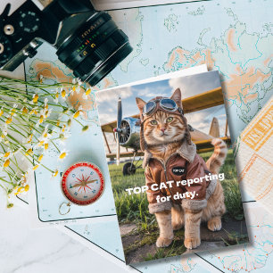 Tarjeta Foto de gato piloto de cumpleaños y avión divertid