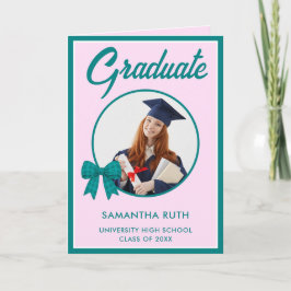 Tarjeta Foto de graduación con lazo de gingham azul 