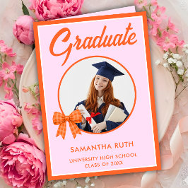Tarjeta Foto de graduación con lazo de gingham naranja