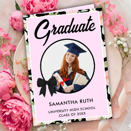 Tarjeta Foto de Graduación con Lazo de Gingham Negro de Fl
