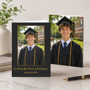 Tarjeta Foto de graduación elegante en negro y oro