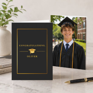 Tarjeta Foto de graduación en negro elegante y dorado