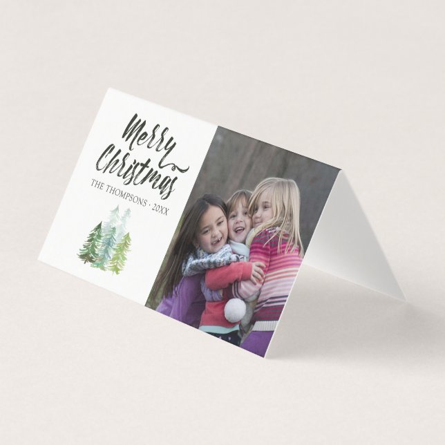 Tarjeta Foto de Navidad de árboles de pino acuarela (Anverso)