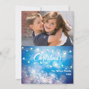 Tarjeta Foto de Navidad de copo de nieve azul brillante