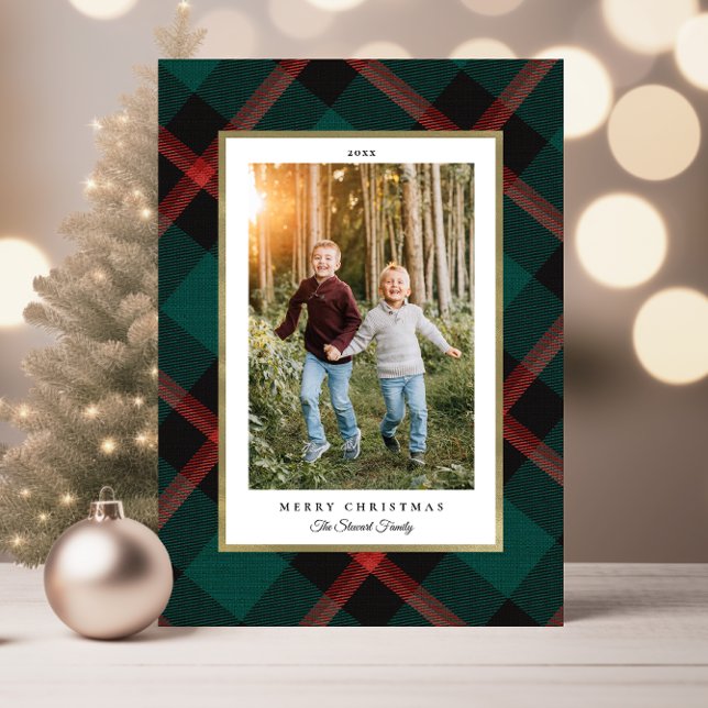 Tarjeta Foto de Navidades de placas rojas y verdes doblado (Folded Red and Green Plaid Christmas Photo Card)
