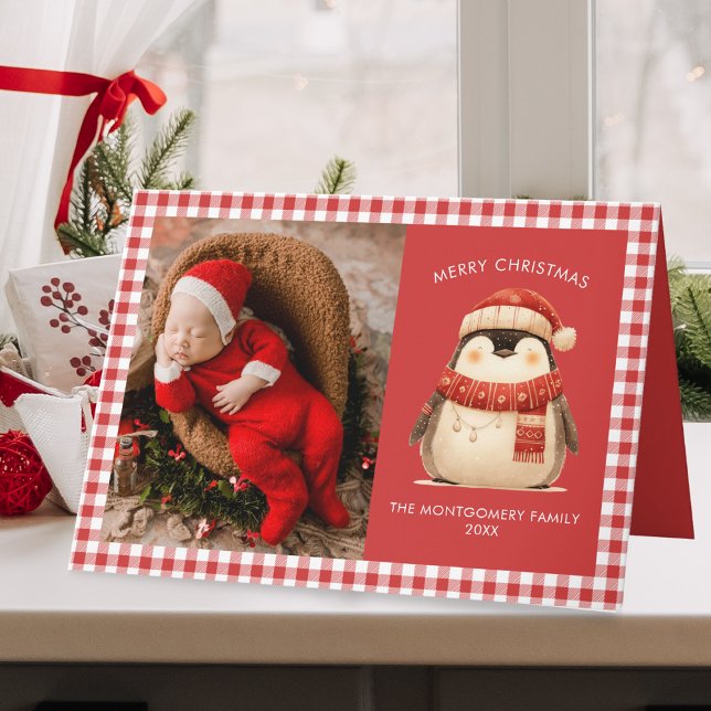 Tarjeta Foto de Navidades familiares de Cute Gingham Check (Subido por el creador)