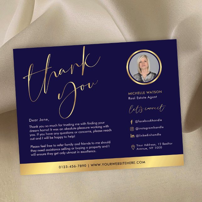 Tarjeta Foto de Navy & Gold Modern Inmobiliaria Gracias (Navy and gold real estate agent thank you cards with space for your logo, photo and custom text)