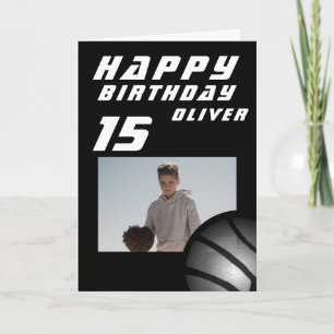 Tarjeta Foto de niño con balón de baloncesto negro Feliz C