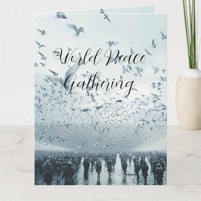 Tarjeta foto de paloma de la paz en multitud de playa (Anverso)