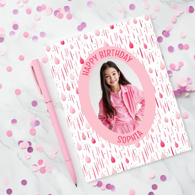 Tarjeta Foto de patrón rosa (Soft Pink Pattern Birthday Photo Card)