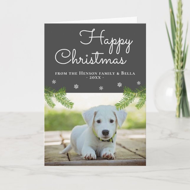 Tarjeta Foto de perro con ramas de pino de Navidad y copo  (Anverso)