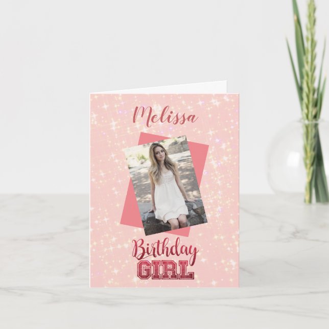 Tarjeta Foto de Personalizado Girly Pink|Nombrar parca ros (Anverso)