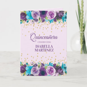 Tarjeta Foto de Quinceañera floral con acuarela azul morad