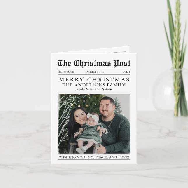 Tarjeta Foto de reseña de Feliz Año de Periódico de Navida (Anverso)