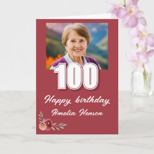 Tarjeta Foto de Rosa Acuarela Roja Cumpleaños 100