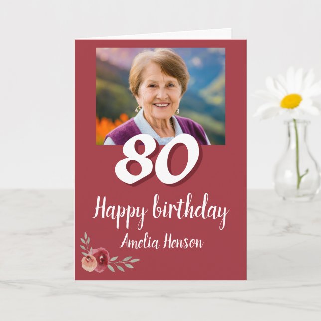Tarjeta Foto de Rosa Acuarela Roja Cumpleaños 80  (Planta pequeña)