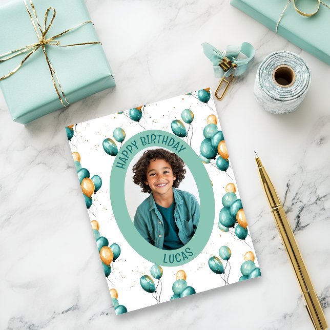Tarjeta Foto del patrón de globos verde azulados (Teal faux gold balloons birthday card)