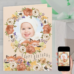 Tarjeta Foto en corona floral con cumpleaños de zorro del