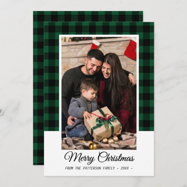 Tarjeta Foto familiar Búfalo Verde Jugado Feliz Navidad (Anverso / Reverso)