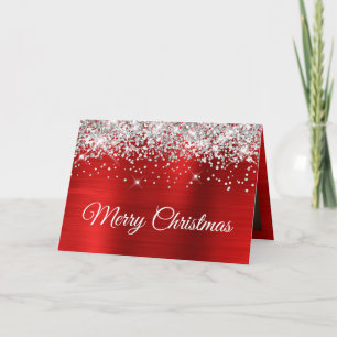 Tarjeta Foto Familiar de Navidad Alegre Roja con Brillo Pl
