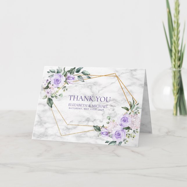 Tarjeta Foto Floral Geométrica Lilac Lavend Gold Gracias (Anverso)