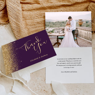 Tarjeta Foto Gracias Bodas Purpura Brillo Dorado