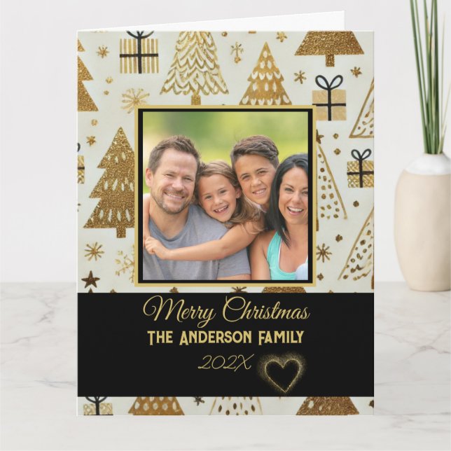 Tarjeta Foto moderna de la familia Black and Gold Merry Ch (Anverso)