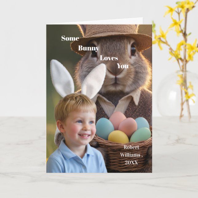 Tarjeta Foto personalizada de niño con orejas de conejo de (flor amarilla)
