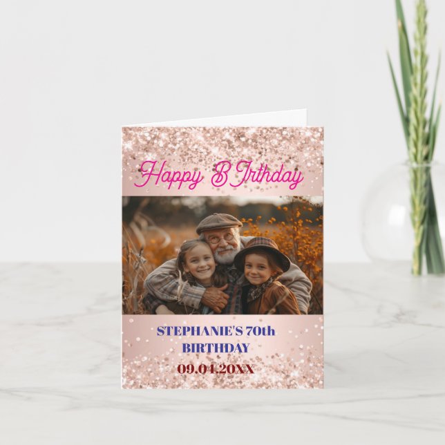 Tarjeta Foto personalizada de oro rosa de cumpleaños (Anverso)