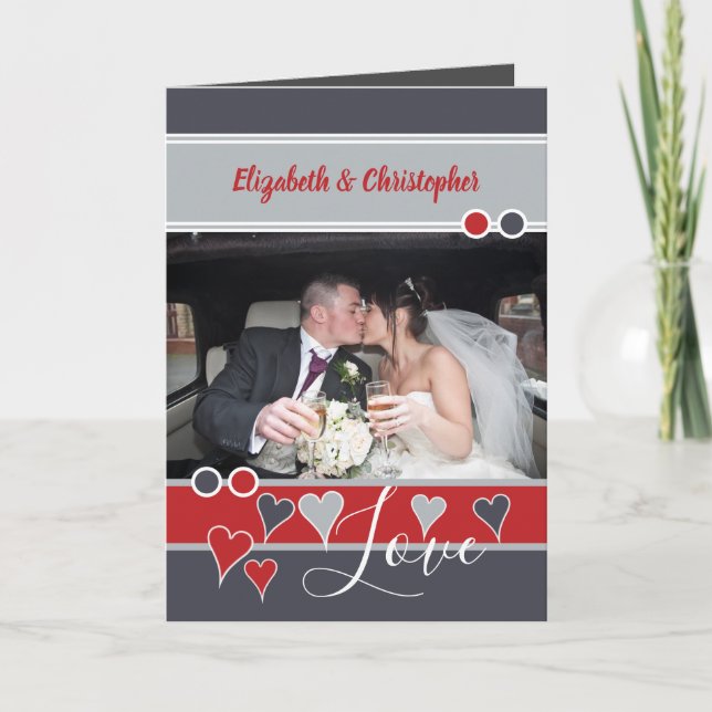 Tarjeta Foto roja y gris del aniversario del boda (Anverso)
