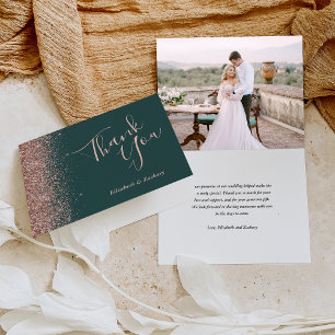 Tarjeta Foto Rosa Dorado Verde Oscuro Agradecimiento Boda