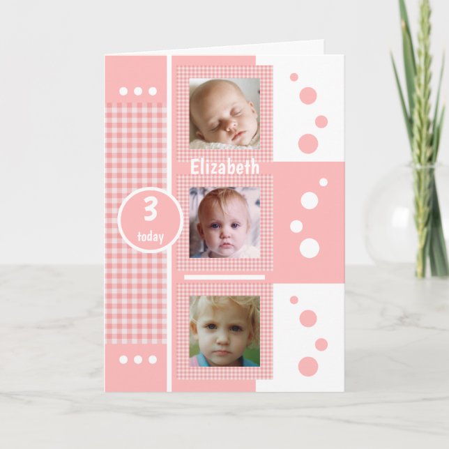 Tarjeta Foto rosa y blanca de gingham para niños de cualqu (Anverso)