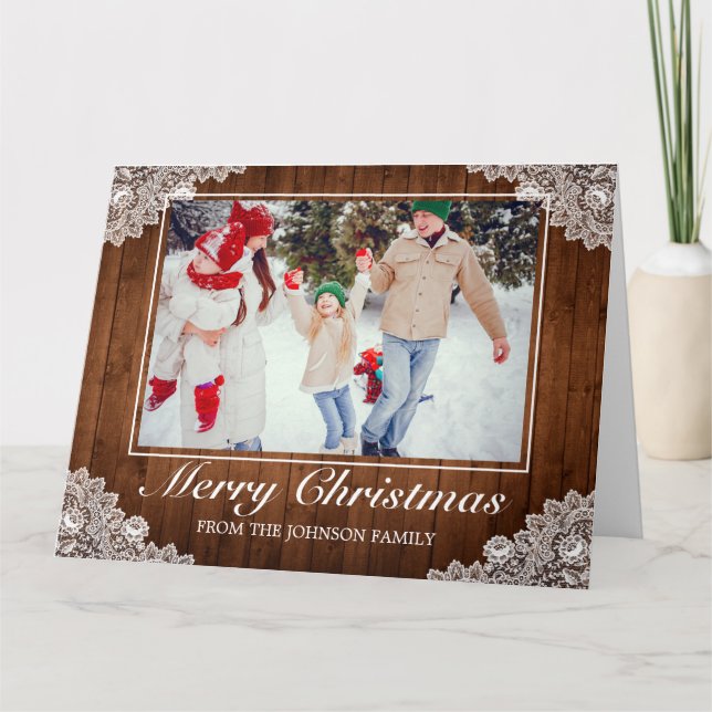 Tarjeta Foto Rustic Wood & Lace Festejo Feliz Navidad (Anverso)