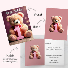 Tarjeta Foto subida Cute Teddy Bear Chica 1er cumpleaños