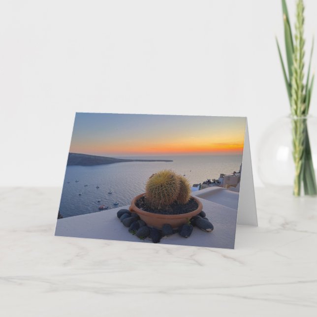 Tarjeta Fotografía de Cactus Santorini Grecia Sunset (Anverso)