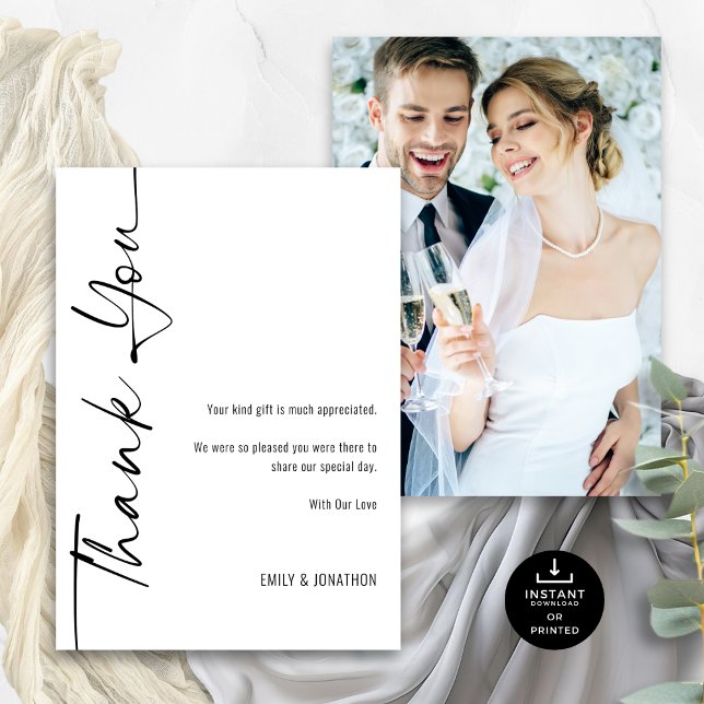 Tarjeta Fotografía de caligrafía Boda blanco negro Gracias (Front and back view)