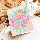 Tarjeta Fotografía de cumpleaños floral de Girly pastel<br><div class="desc">Un fresco y alegre cumpleaños de color rosa rosa pastel,  con un ilustracion de gouache floral pastel de color rosa pastel,  naranja,  una caligrafía moderna con un toque retro.</div>