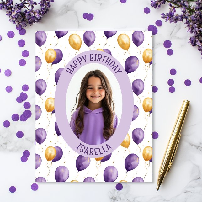 Tarjeta Fotografía de Globos Púrpura (Purple faux gold balloons birthday photo card)