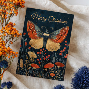 Tarjeta Fotografía de Navidad en Azul Marino con Foliage d