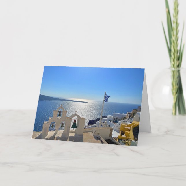 Tarjeta Fotografía de Santorini Triple Bell Tower Grecia (Anverso)