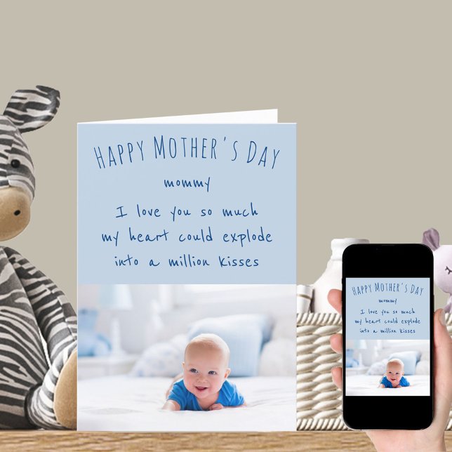 Tarjeta Fotografía y texto lindo Blue Happy Mothers Day (Subido por el creador)
