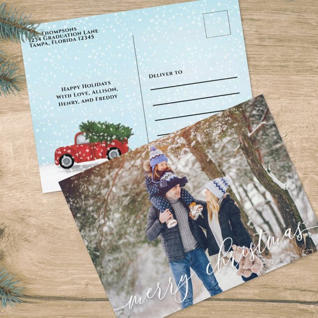 Tarjeta fotográfica 1 de Vintage Red Truck (Merry Christmas photo postcard template with rustic red truck. )