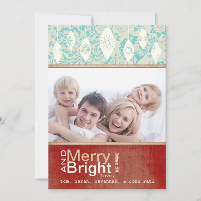 Tarjeta fotográfica Aqua Red Retro Merry y Bright  (Anverso)